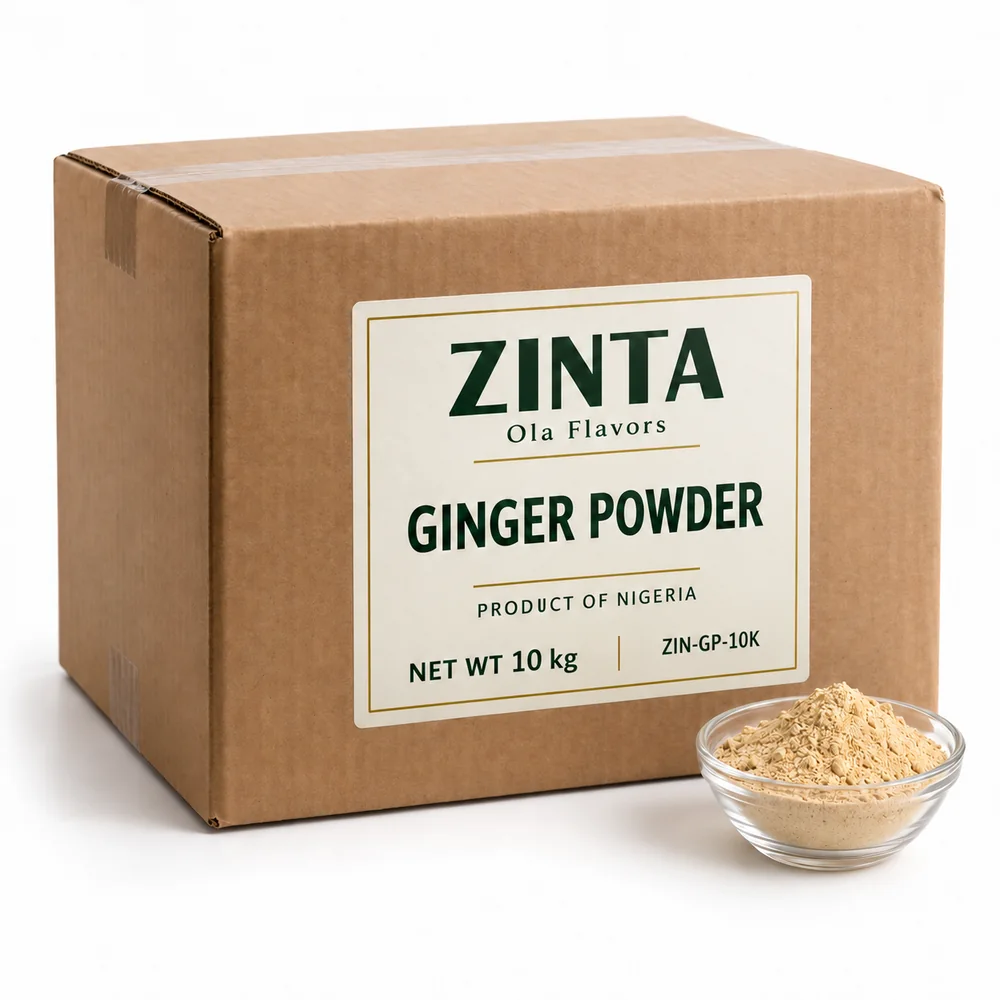 Zinta Ginger Powder 10 kg corrugated carton with a bowl of ginger powder