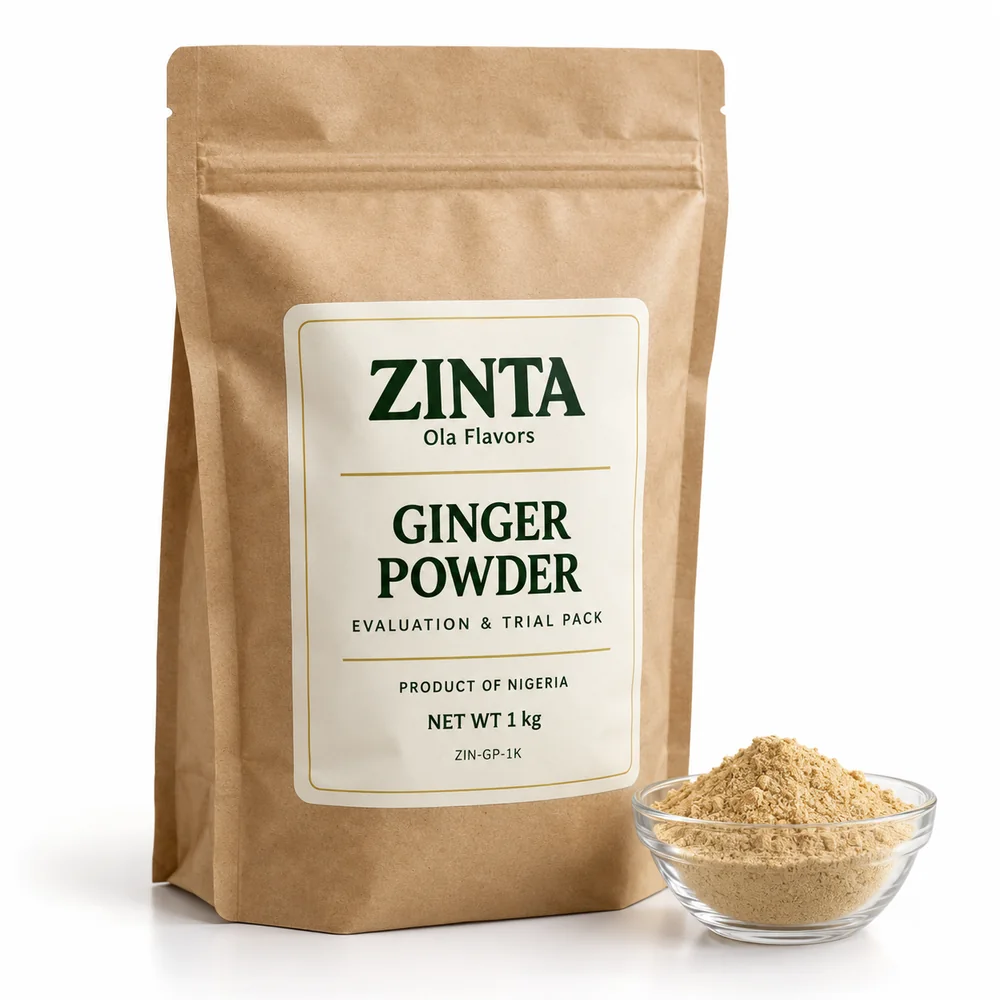 Zinta Ginger Powder 1 kg evaluation and trial pack in a kraft stand-up pouch, with a bowl of ginger powder