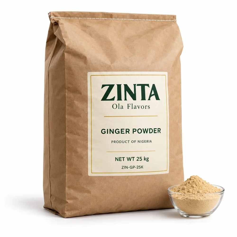 Zinta Ginger Powder 25 kg multiwall kraft paper sack with a bowl of ginger powder