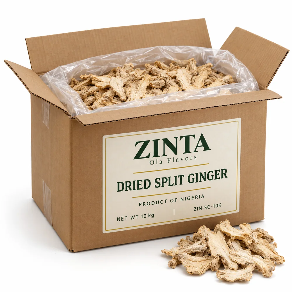 Zinta Dried Split Ginger 10 kg corrugated carton with food grade liner, filled with dried split ginger