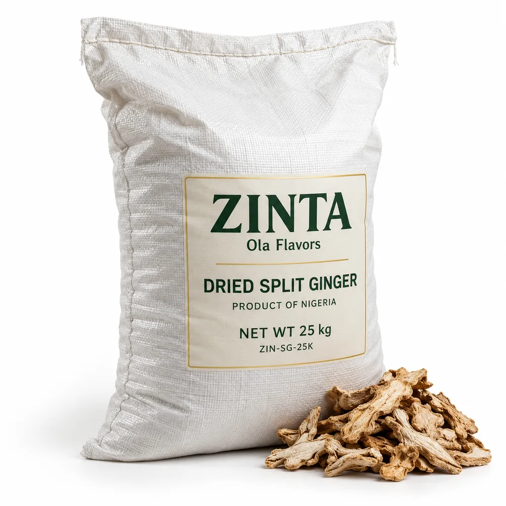 Zinta Dried Split Ginger 25 kg woven polypropylene sack beside a pile of dried split ginger